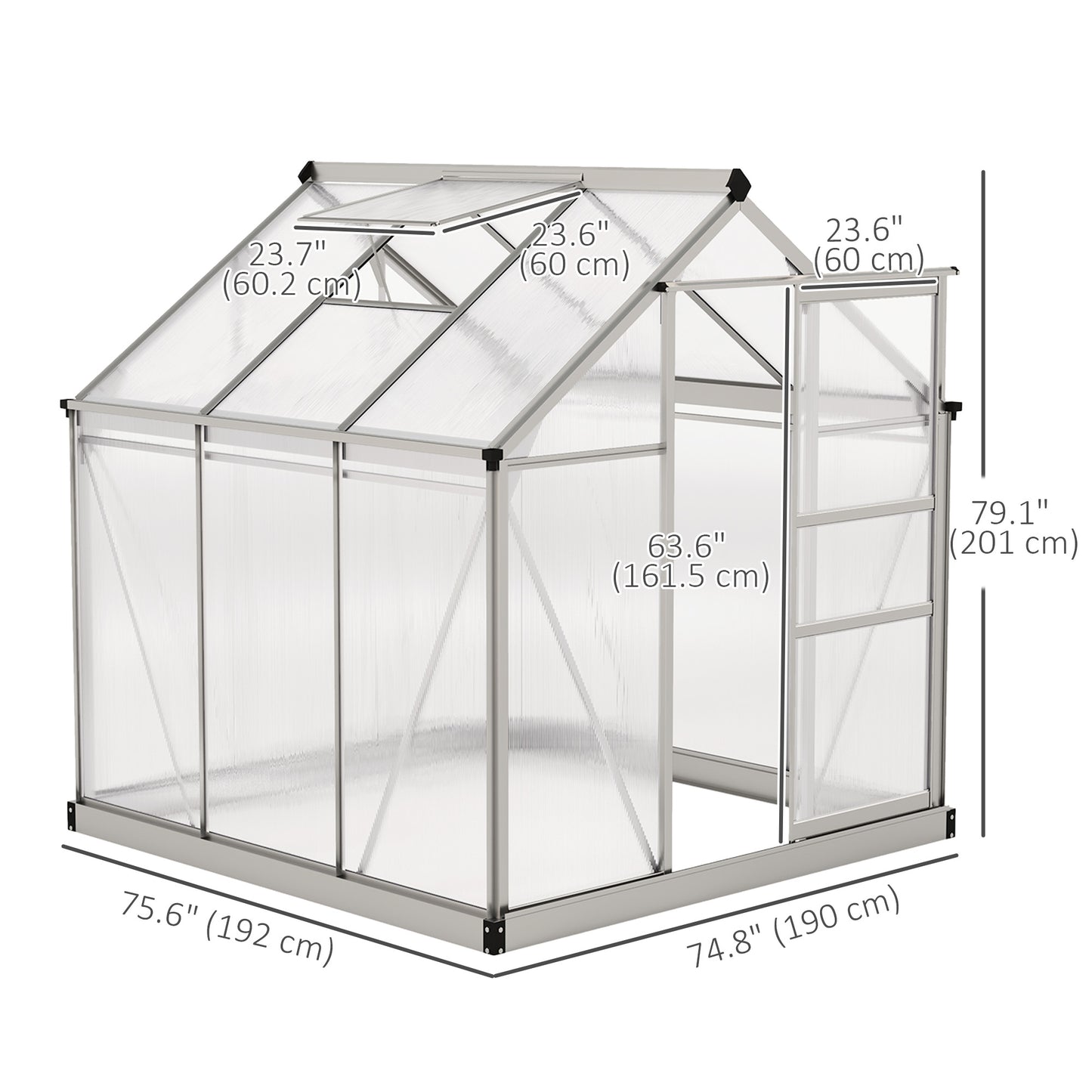 6' x 6' x 6.6' Polycarbonate Greenhouse, Walk-In Green House Kit Garden, Plants Grow, Galvanized Sheet Aluminum Frame with Rain Gutter, Vent and Sliding Door, Silver