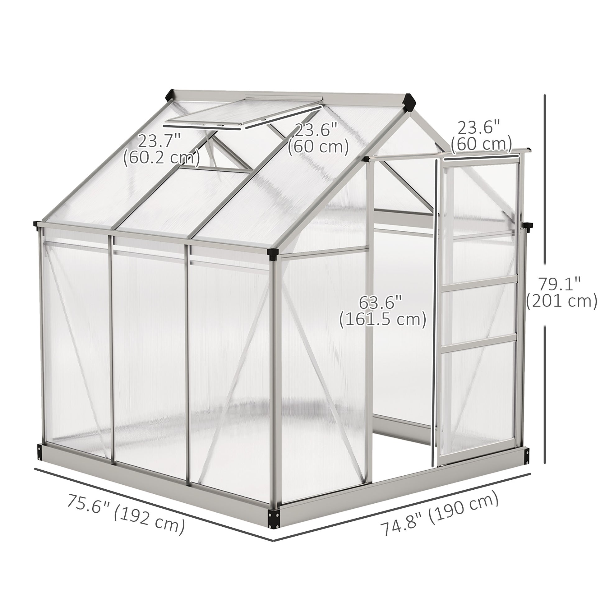 6' x 6' x 6.6' Polycarbonate Greenhouse, Walk-In Green House Kit Garden, Plants Grow, Galvanized Sheet Aluminum Frame with Rain Gutter, Vent and Sliding Door, Silver