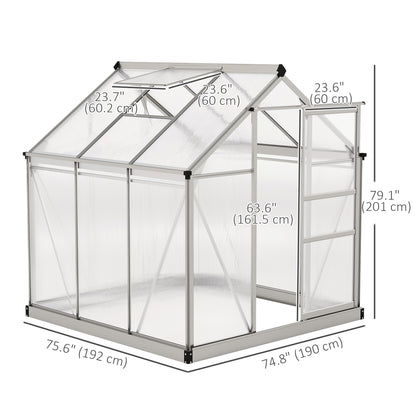 6' x 6' x 6.6' Polycarbonate Greenhouse, Walk-In Green House Kit Garden, Plants Grow, Galvanized Sheet Aluminum Frame with Rain Gutter, Vent and Sliding Door, Silver