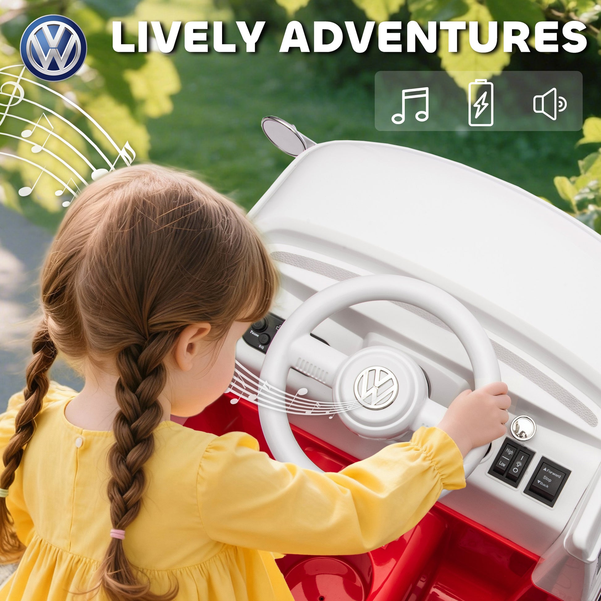 Qaba 12V Kids Ride on Car, Lisensed Volkswagen T1 Electric Vehicle with Dual Motor and Soft Start for 3-7 Years, Red