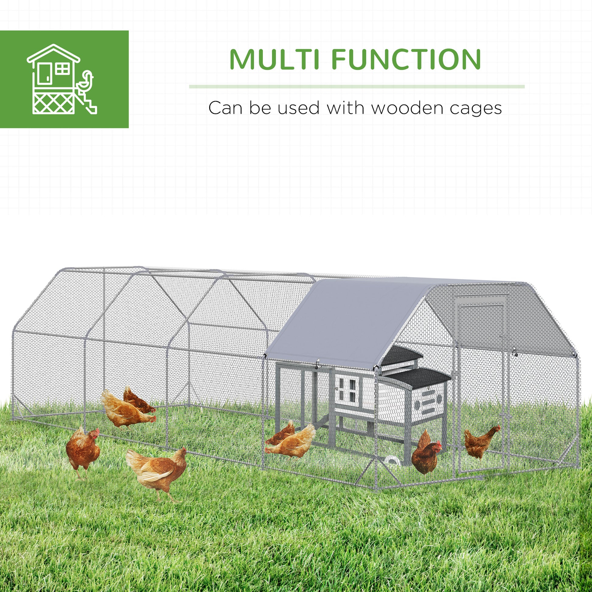 Chicken Run, Galvanized Large Metal Chicken Coop Cage, Walk-in Enclosure Poultry Hen Run House Playpen Rabbit Hutch with Flat Roof, Cover, 9.2' x 24.9' x 6.5', Silver