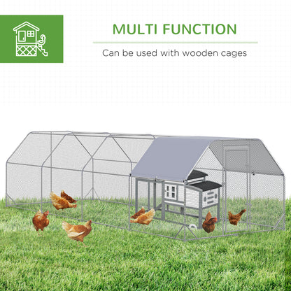 Chicken Run, Galvanized Large Metal Chicken Coop Cage, Walk-in Enclosure Poultry Hen Run House Playpen Rabbit Hutch with Flat Roof, Cover, 9.2' x 24.9' x 6.5', Silver
