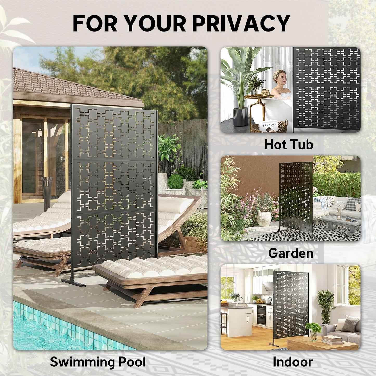 6.5FT Decorative Outdoor Divider, Metal Privacy Screen with Stand, Grid Style, Black