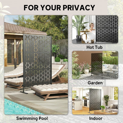 6.5FT Decorative Outdoor Divider, Metal Privacy Screen with Stand, Grid Style, Black