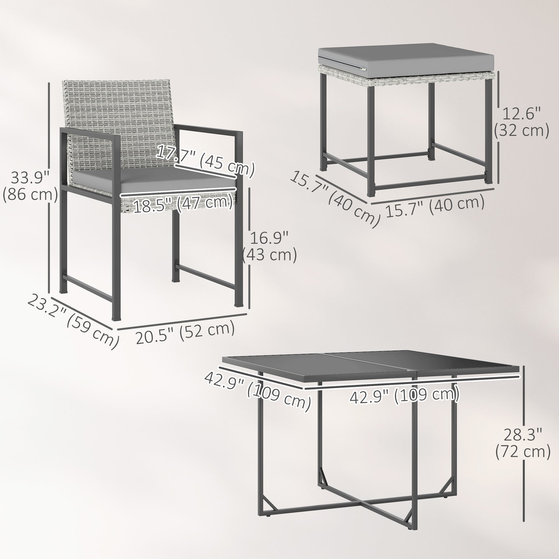 9 Pieces Wicker Patio Dining Set with 4 Armchairs, 4 Stools, Tempered Glass Top, Removable Cushions, Light Grey