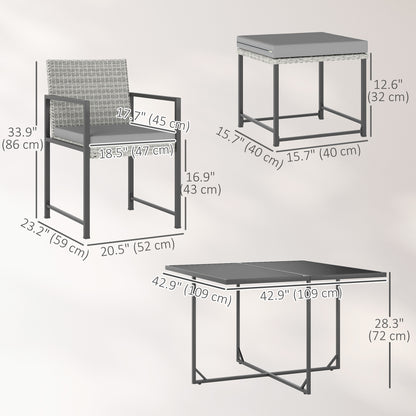 9 Pieces Wicker Patio Dining Set with 4 Armchairs, 4 Stools, Tempered Glass Top, Removable Cushions, Light Grey