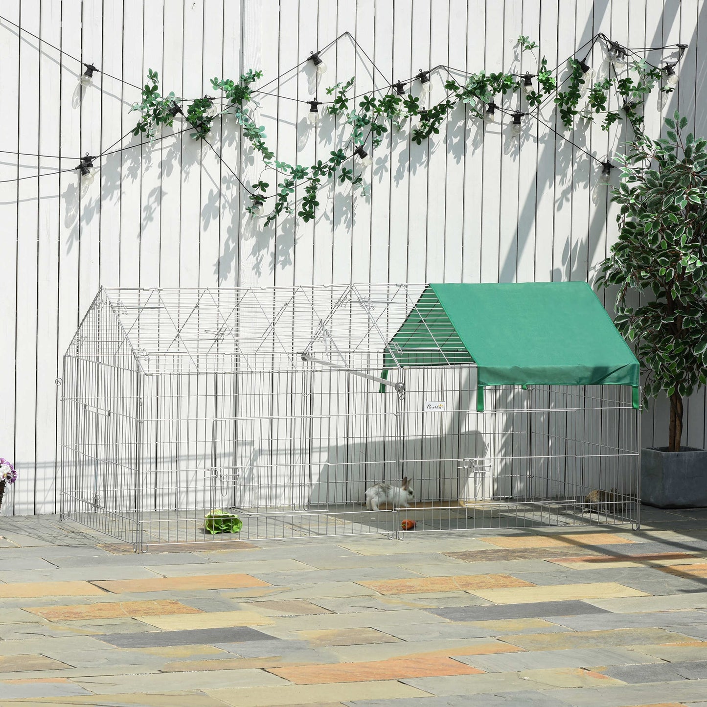 Pet Playpen with Roof, Metal Guinea Pig Cage, Rabbit Pen, Chicken Coop Run, Catio Cat Enclosure with Cover, Doors, Indoor Outdoor for Small Animals, 87" x 41" x 41", Green