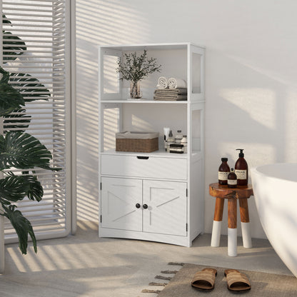 Farmhouse Bathroom Storage Cabinet, Linen Cabinet with Drawer and Shelves, 23.5" x 13" x 48.5", White
