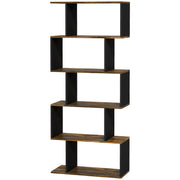 5-Tier Bookshelf, Geometric S Shaped Bookcase, Tall Narrow Display Shelf for for Living Room, Study Room, Rustic Brown