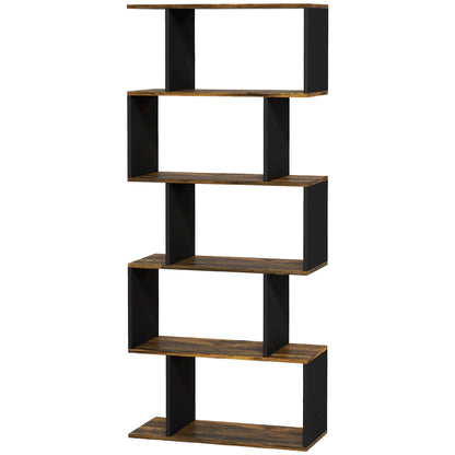 5-Tier Bookshelf, Geometric S Shaped Bookcase, Tall Narrow Display Shelf for for Living Room, Study Room, Rustic Brown