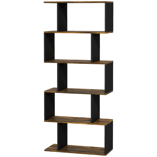 5-Tier Bookshelf, Geometric S Shaped Bookcase, Tall Narrow Display Shelf for for Living Room, Study Room, Rustic Brown