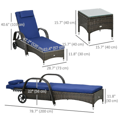Patio Rattan Lounge Set, Wheeled Wicker Chaise Lounge Chair and Table with Tempered Glass Top, Dark Blue