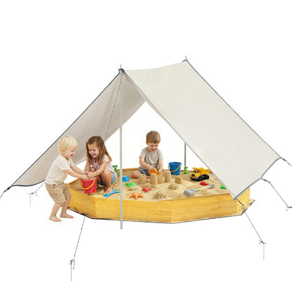 Qaba Wooden Kids Wooden Sandbox with Large Canopy, Outdoor Sand Box with 4 Bench Seats, Bottom Liner for Aged 3-8, Yellow
