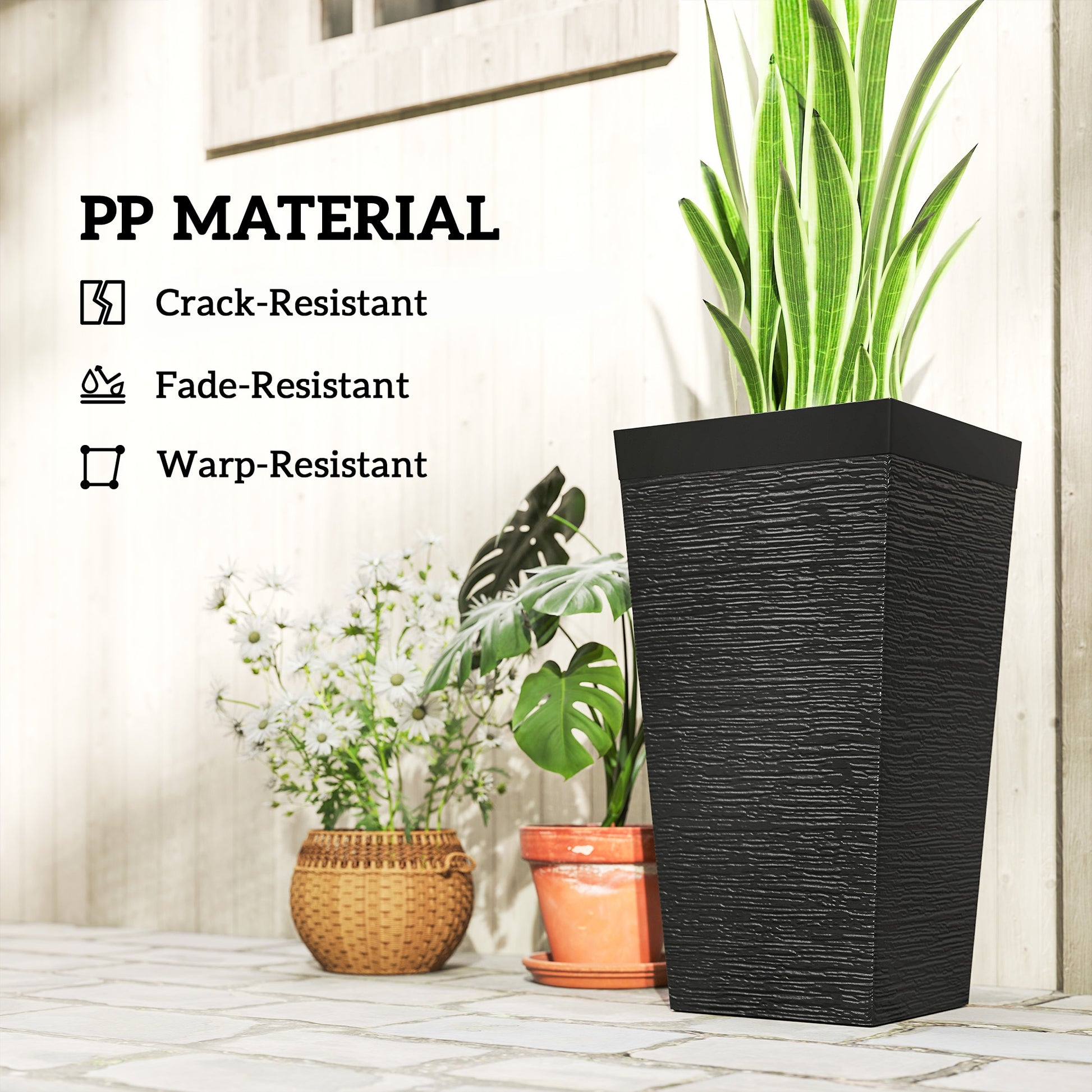 22.8" Tall Planters Set of 3, Indoor Outdoor Taper Planters with Stone Finish, Wheels and Drainage Hole, Black