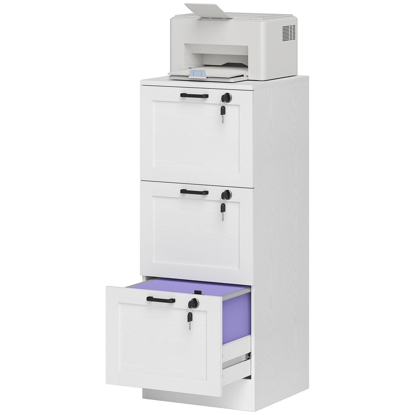 Vertical Filing Cabinet with 3 Drawers, Lock, File Cabinet for Home Office, A4 and Letter Size Files, White