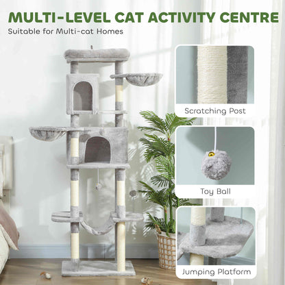 69" Cat Tree, Multi-Level Cat Tower with 2 Condos, Plush Perch and Sisal Scratching Posts, Light Grey
