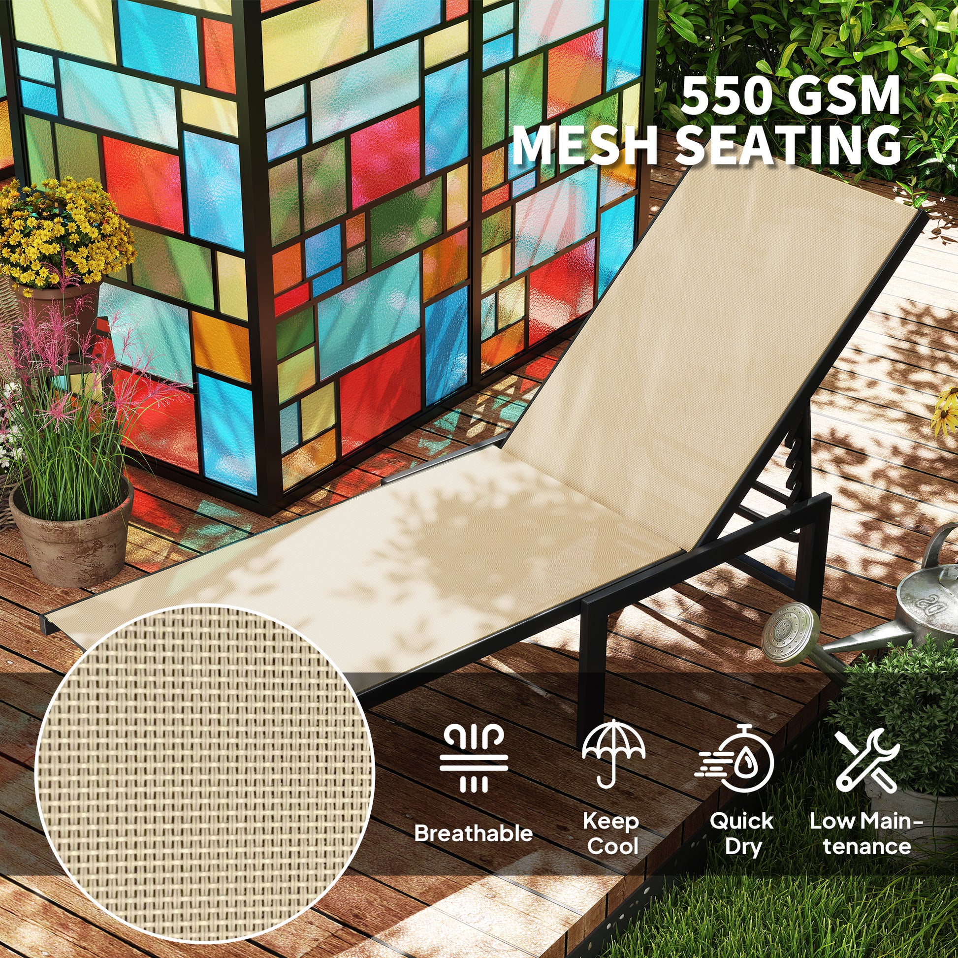 Outdoor Lounge Chair Set of 2, 5-Position Reclining Outdoor Chaise Lounge Tanning Chair with Mesh Seat, Khaki