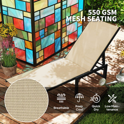 Outdoor Lounge Chair Set of 2, 5-Position Reclining Outdoor Chaise Lounge Tanning Chair with Mesh Seat, Khaki