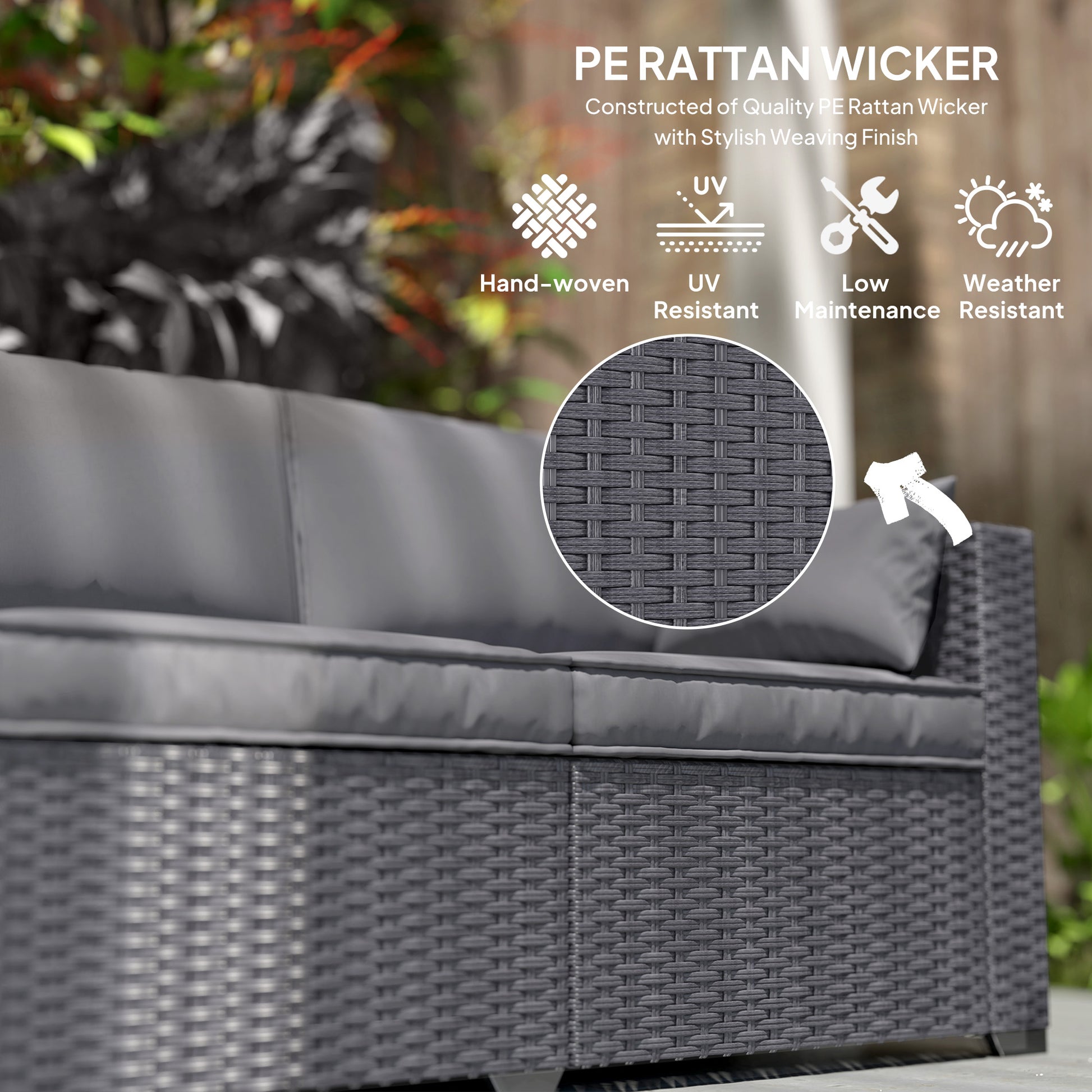 3 Seater Wicker Patio Sofa with Side Trays, Outdoor Couch with 6" Thick Back Cushions, Deep Seating, Grey