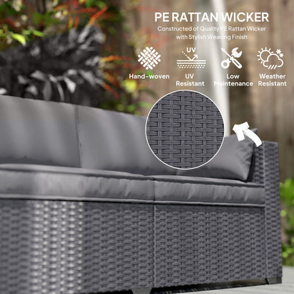 3 Seater Wicker Patio Sofa with Side Trays, Outdoor Couch with 6" Thick Back Cushions, Deep Seating, Grey