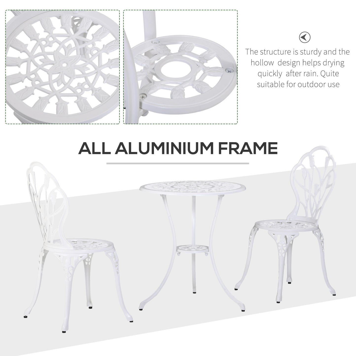 3 Pieces Patio Bistro Set, Outdoor Cast Aluminum Garden Table and Chairs with Umbrella Hole for Balcony, White
