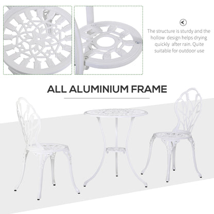 3 Pieces Patio Bistro Set, Outdoor Cast Aluminum Garden Table and Chairs with Umbrella Hole for Balcony, White