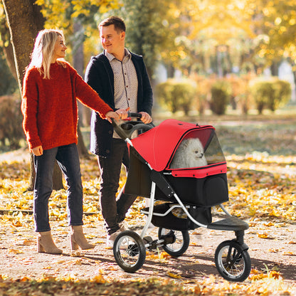 Pet Stroller for Small Dogs, 3 Rubber Wheels Pet Jogger, One-click Easy Folding All-Terrain Dog Stroller, Adjustable Canopy, Zippered Mesh Window Door, Storage Basket, Red