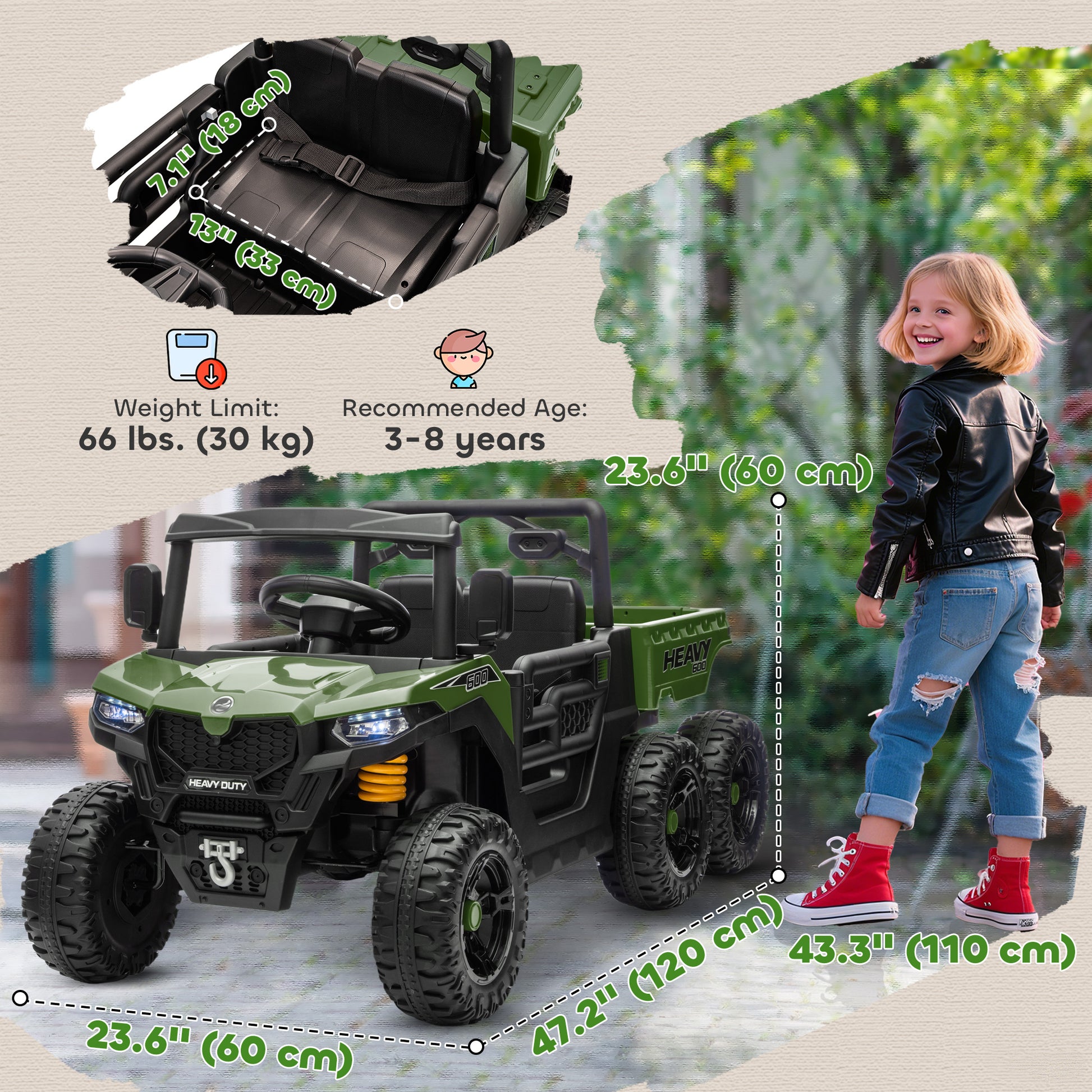 Qaba 24V 4WD Kids Ride On Truck with 6 Wheels Electric Ride On Car with Remote, Dump Bed for 3-8 Years, Green