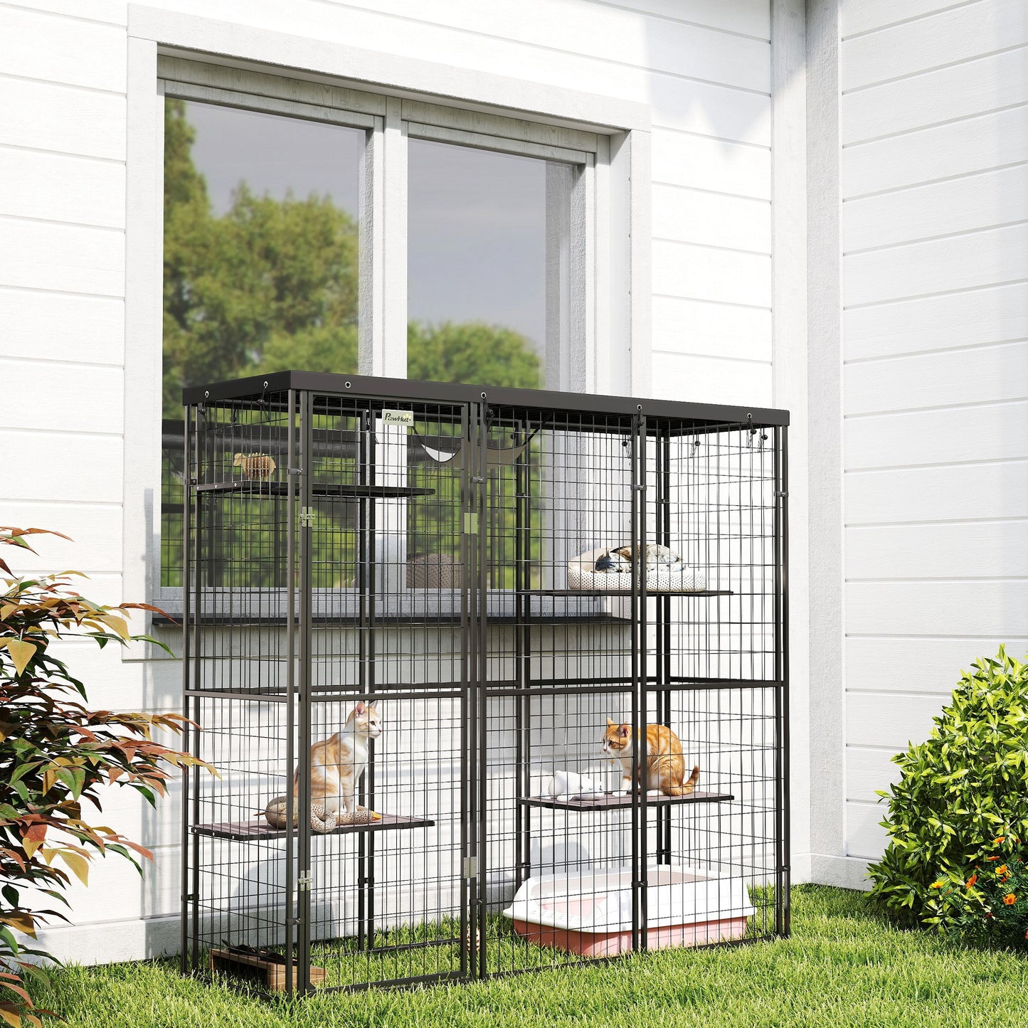 Weld Wire Catio Outdoor Indoor with Waterproof Cover, 4 Jumping Platforms, Hammock, 69" x 22" x 62", Black