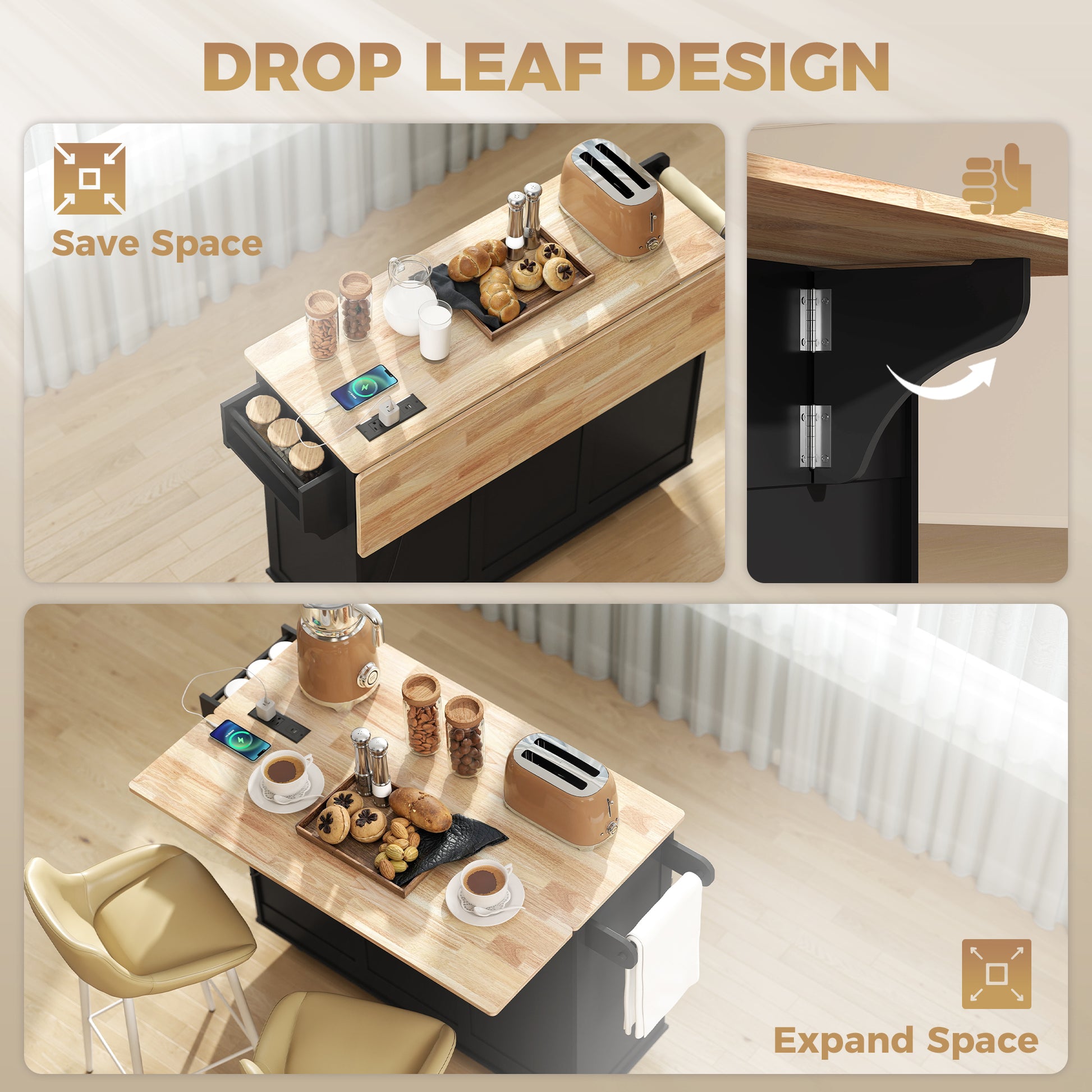 Kitchen Island on Wheels with Drop Leaf, Charging Station, Rolling Kitchen Cart with Wood Top, Adjustable Shelf, Black