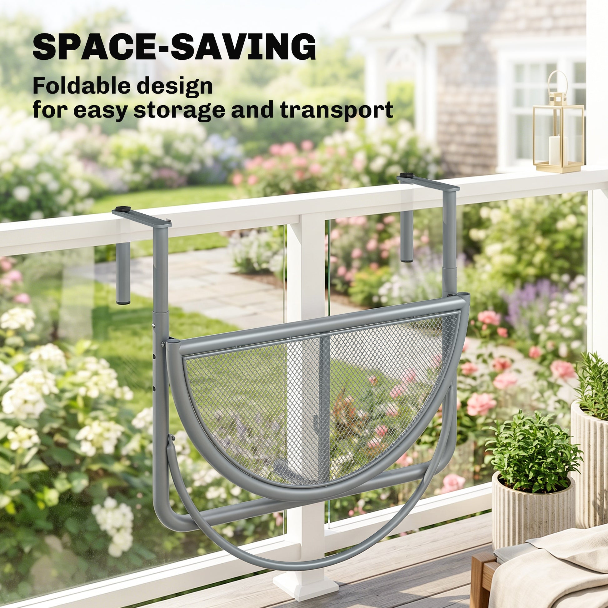 Adjustable Balcony Hanging Railing Table, Metal Mounting Mini Wall Desk Storage Rack, Outdoor Flower Stand Serving Table Half Round, Grey
