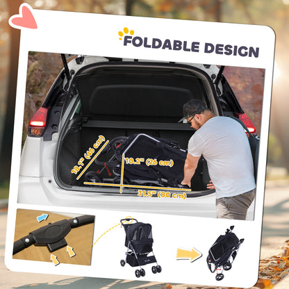 Dog Stroller, One-click Folding Pet Stroller with Cup Holder, 4 Wheels Travel Carrier w/ Brakes, 360° Swiveling Front Wheels, Storage Basket, for XS/Small Dogs Cats, Black