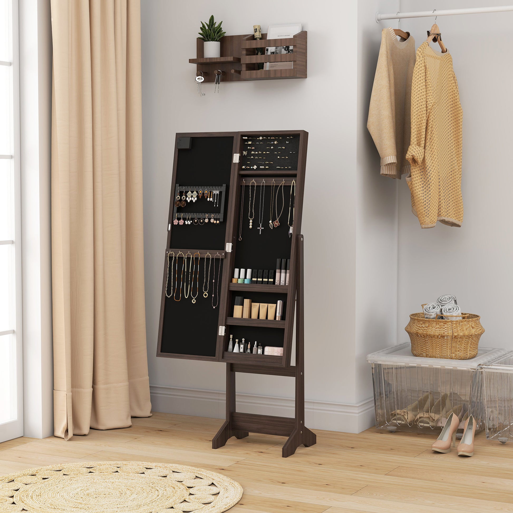 Free Standing Armoire Organizer, Lighted Mirrored Jewelry Cabinet w/ Angle Adjustable & 16 LED Lights, Dark Brown