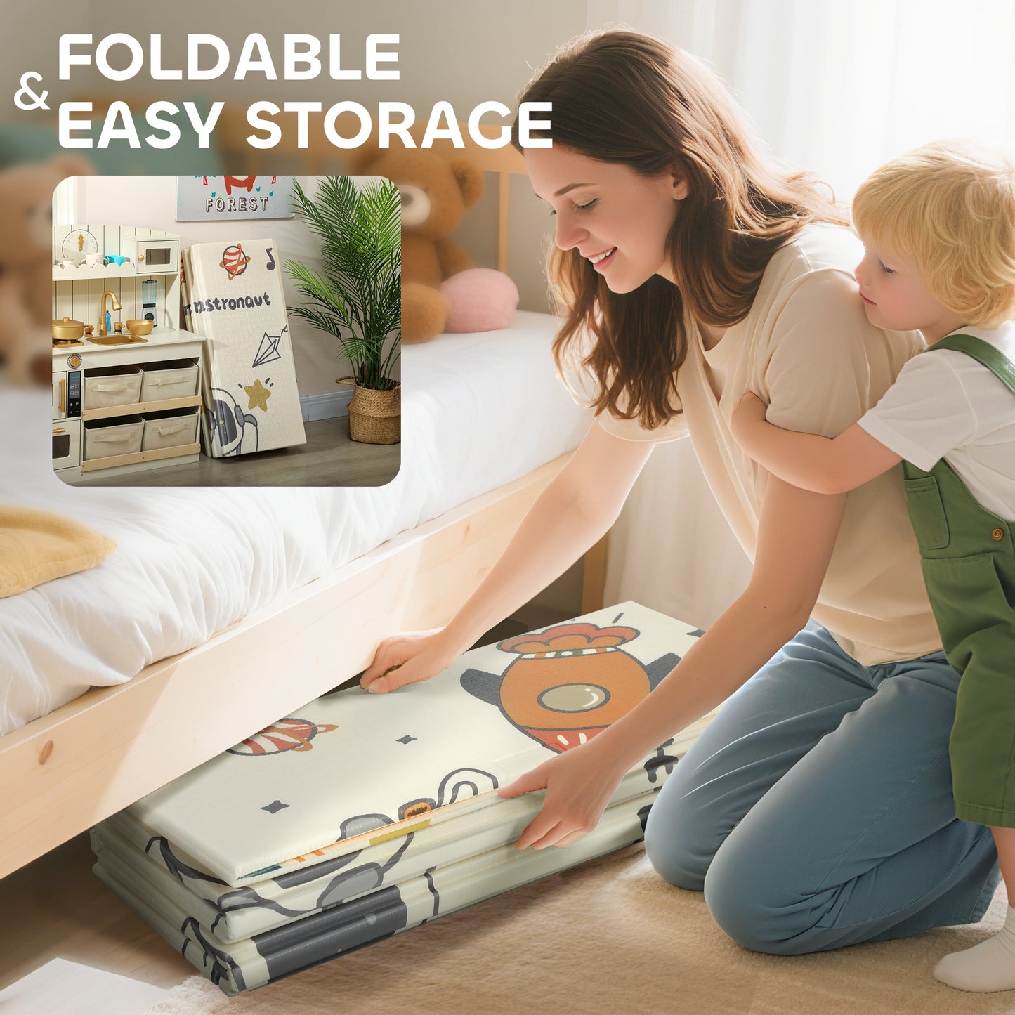 Qaba Double Sided Baby Play Mat, Reversible & Waterproof Foldable Crawling Mat, Astronaut & Planet Theme