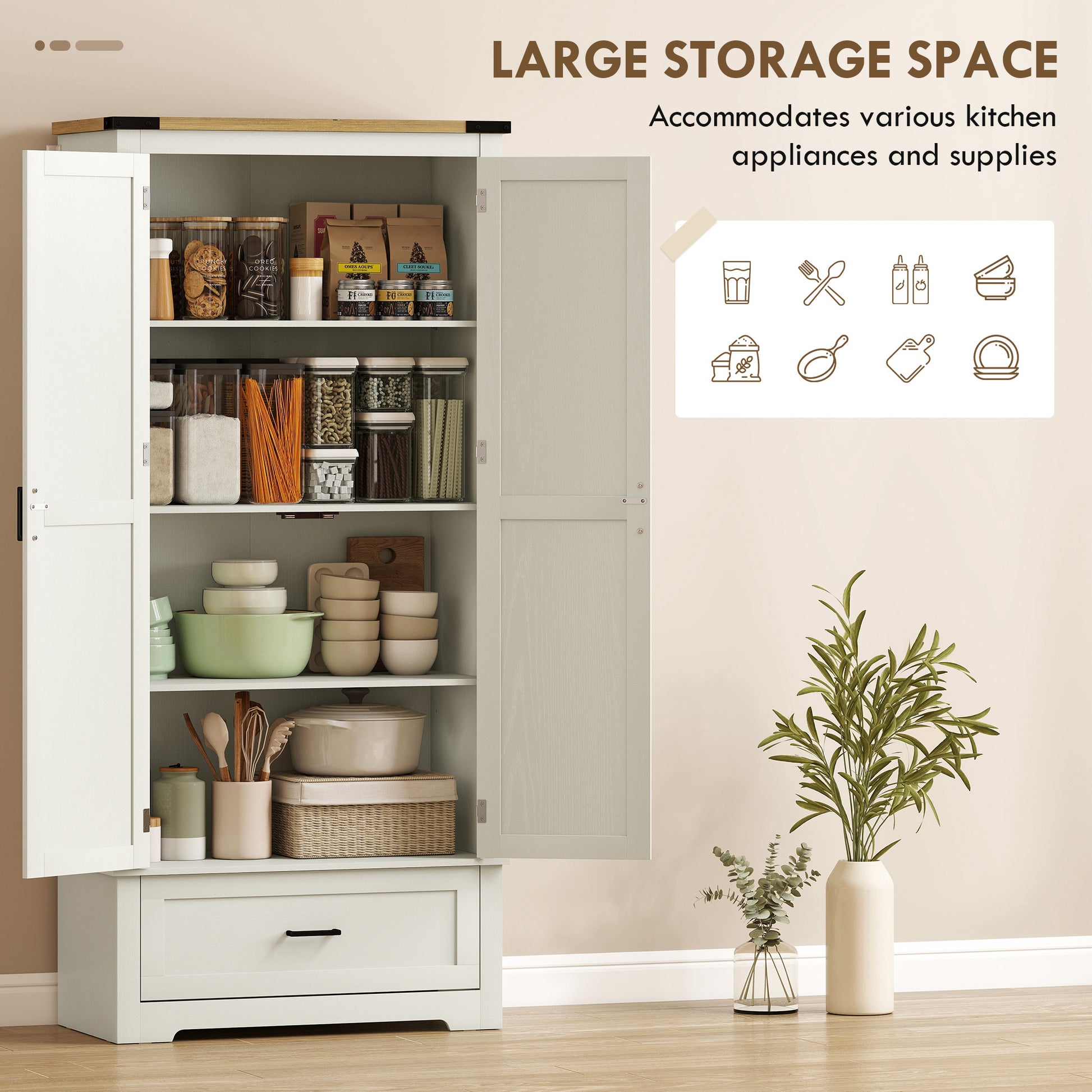 69" Tall Farmhouse Kitchen Pantry Cabinet with 2 Doors, Drawer and Adjustable Shelves, Cream White