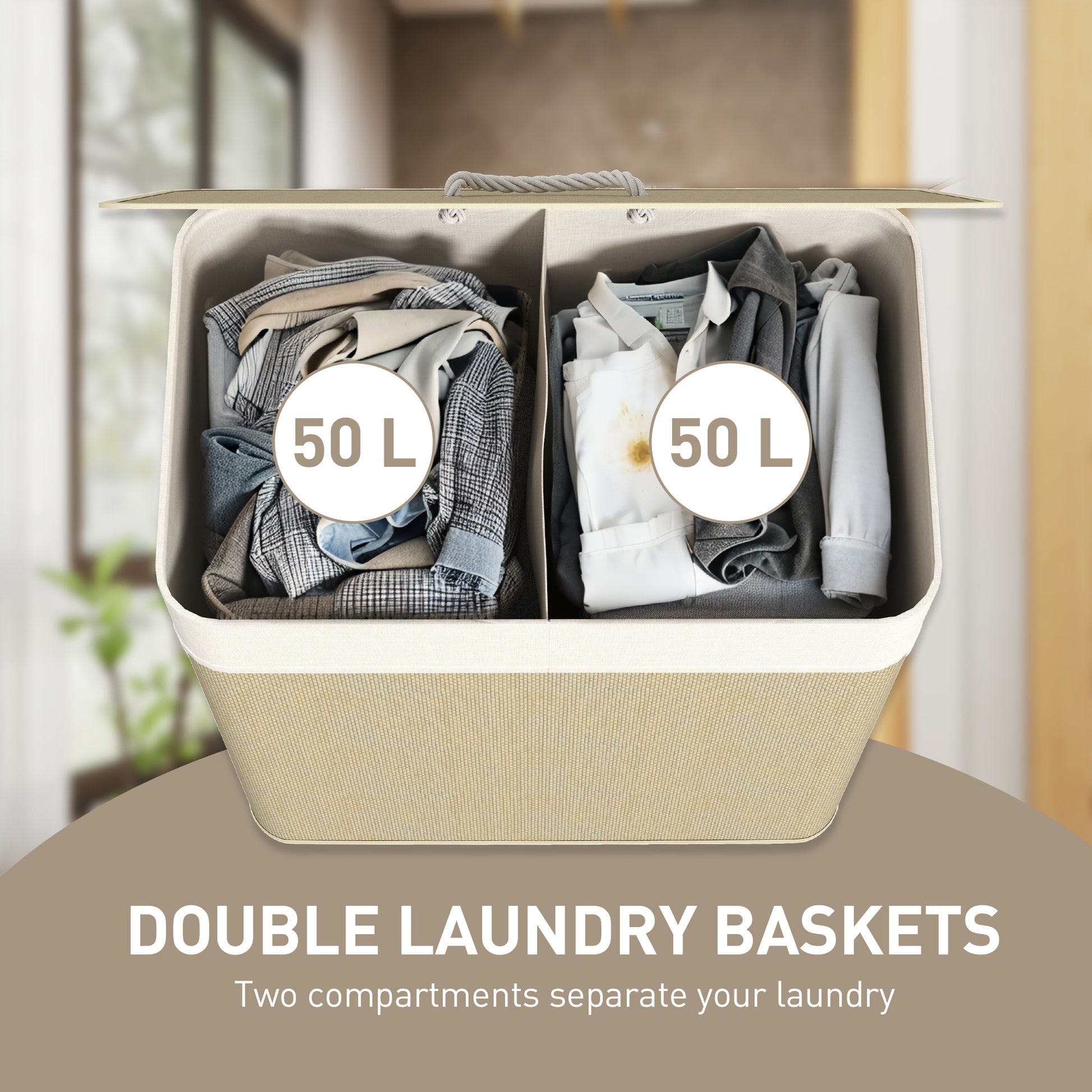 Double Laundry Basket with Lid, 100L Bamboo Laundry Hamper with Rope Handles and Removable Bags, Natural