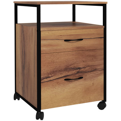 Vertical Filing Cabinet with Wheels, 26.2" Tall File Cabinet with 2 Drawers, Open Shelf, Hanging Bars for Letter and A4, Industrial Home Office Printer Stand, Rustic Brown