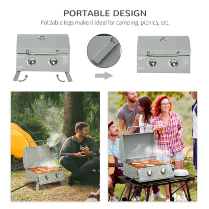 2 Burner Propane Gas Grill, Portable Tabletop BBQ with Foldable Legs, Lid, for Camping, Picnic, Silver