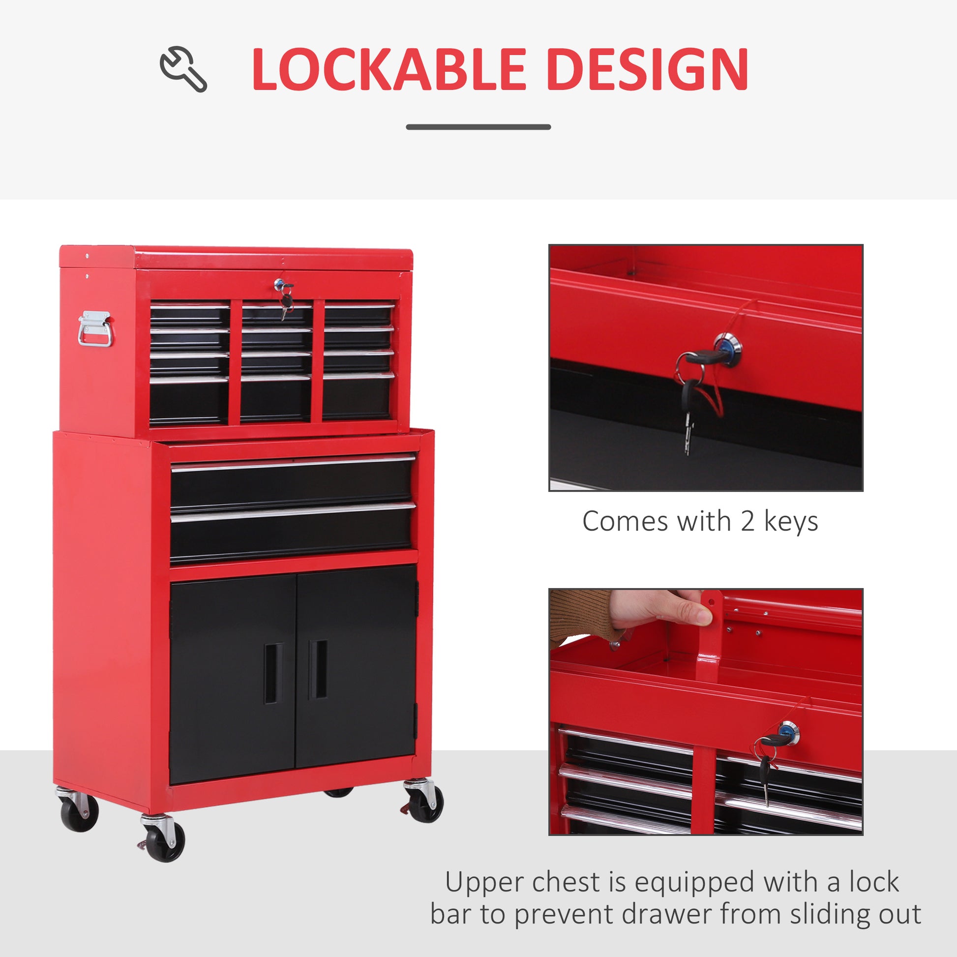 6-Drawer Rolling Tool Chest, 2 in 1 Lockable Storage Cabinet with Hooks, Metal Tool Box for Garage, Workshop, Red