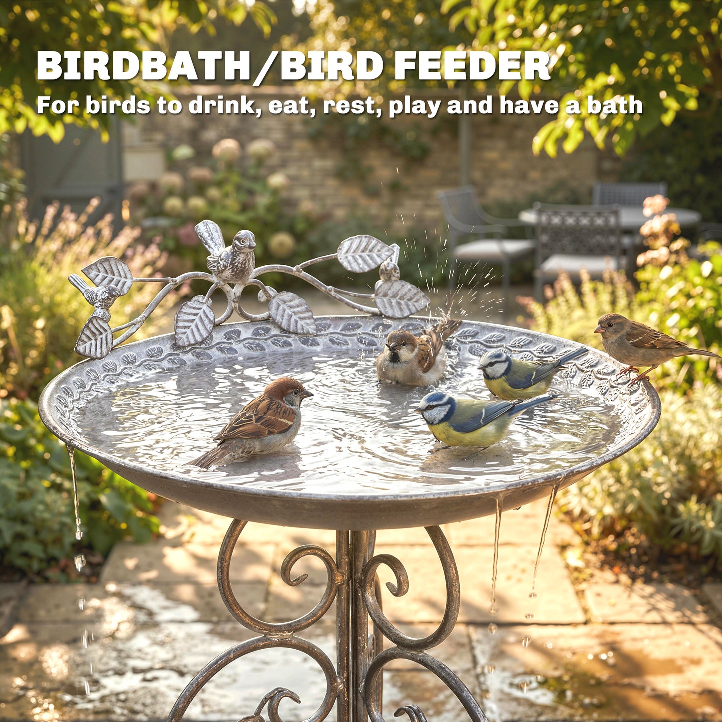 30" Tall Bird Bath with Bird Statues and Decorative Stand, Freestanding Vintage Garden BirdBath Bowl Pedestal, Brown