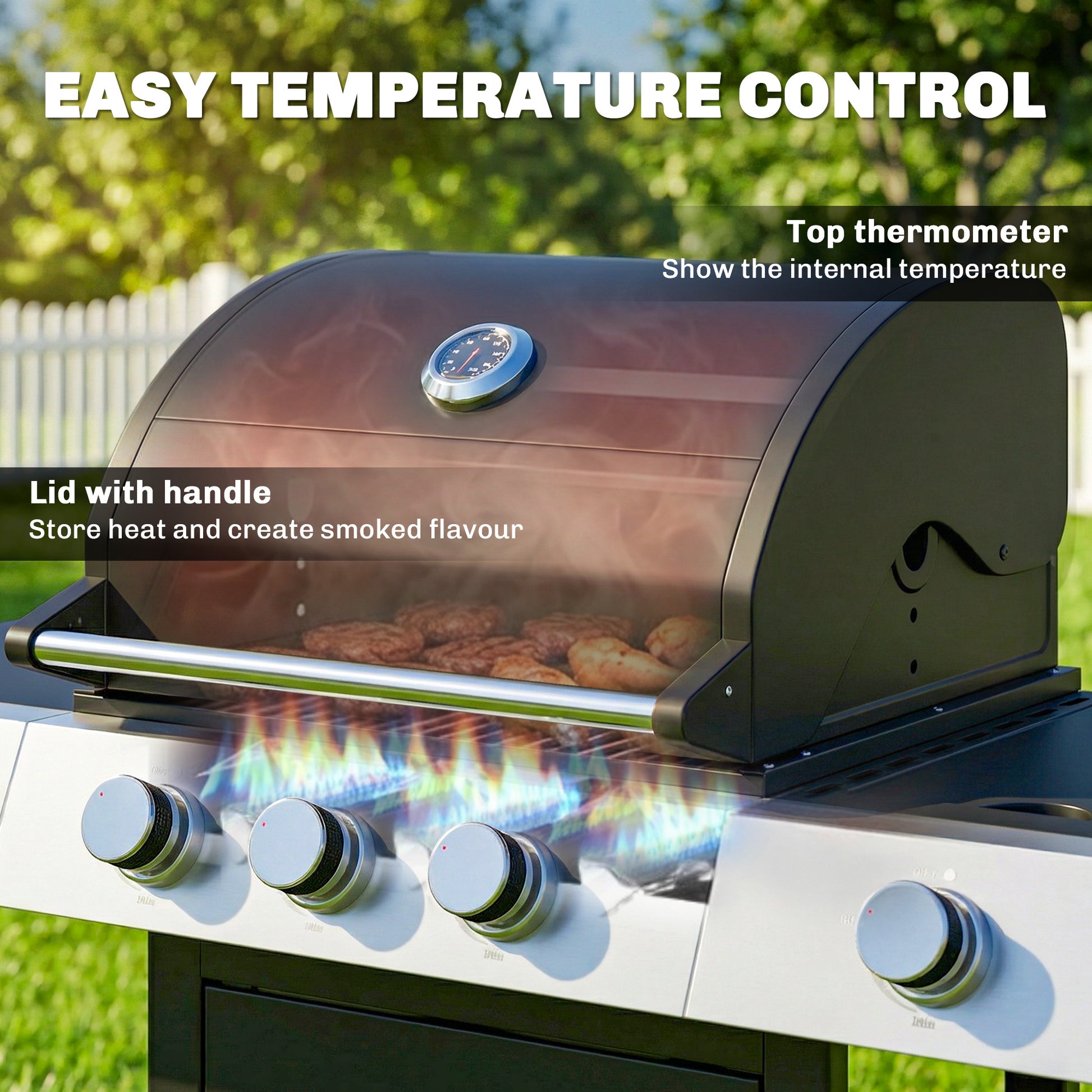 3 Burner Propane Gas Grill with Side Burner, 36,000 BTU BBQ Grill with Cast Iron Grates, Wheels, Warming Rack, Cabinet