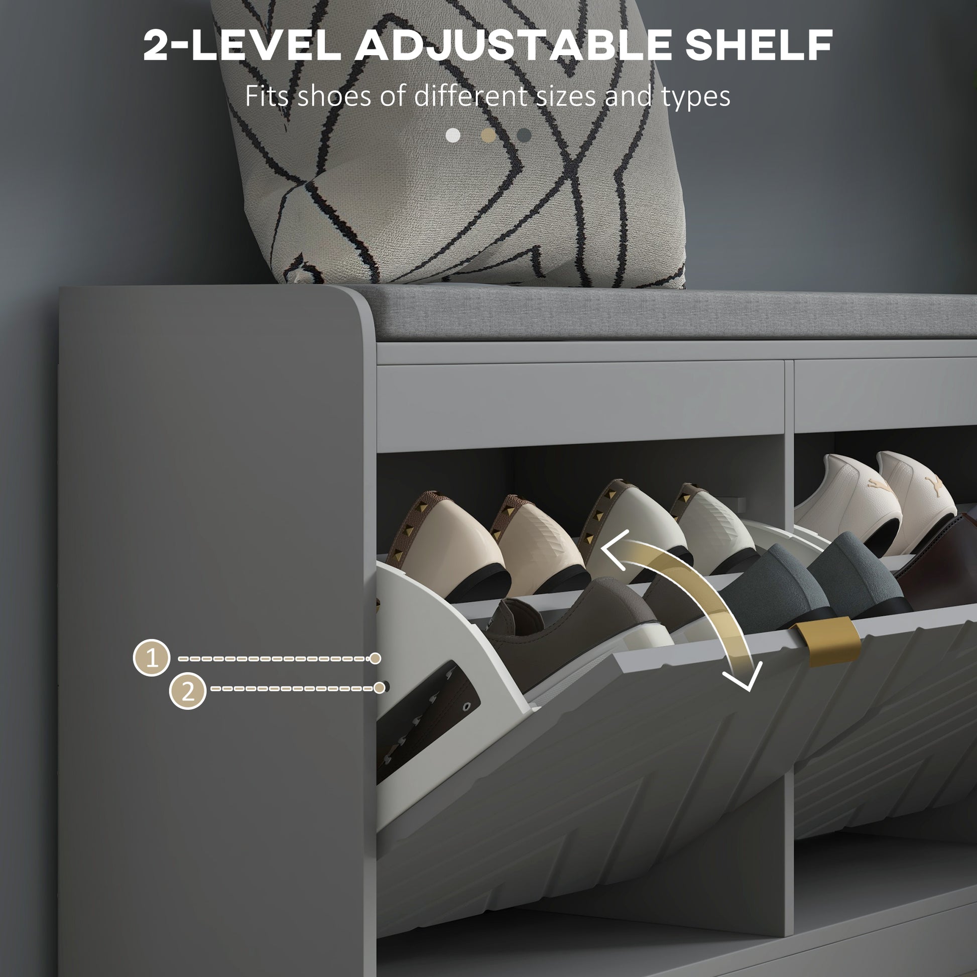 Shoe Storage with Seat, Upholstered Hallway Bench, Shoe Bench with 2 Flip Drawers and 4 Vents for 8 Pairs of Shoes