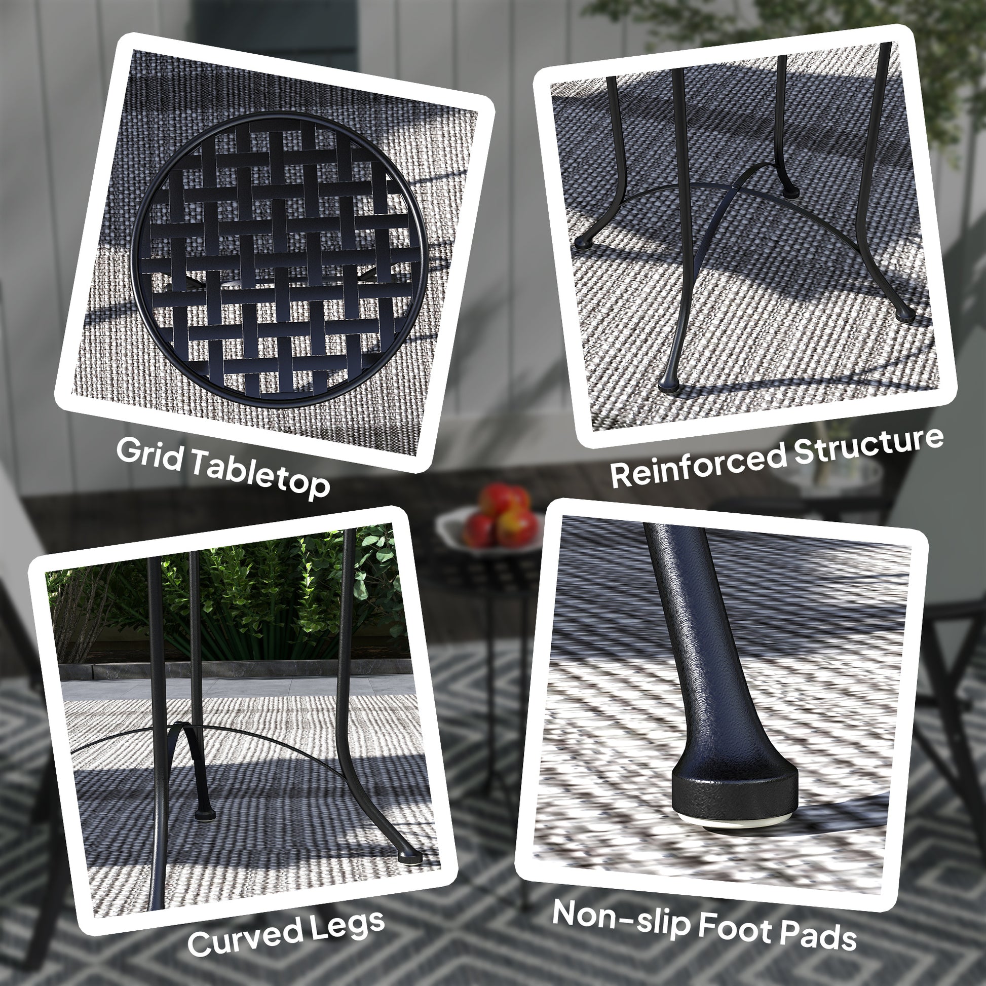 16" Round Outdoor Table, Small Patio Side Table, Metal End Table Plant Stand with Grid Top for Indoor, Garden, Black
