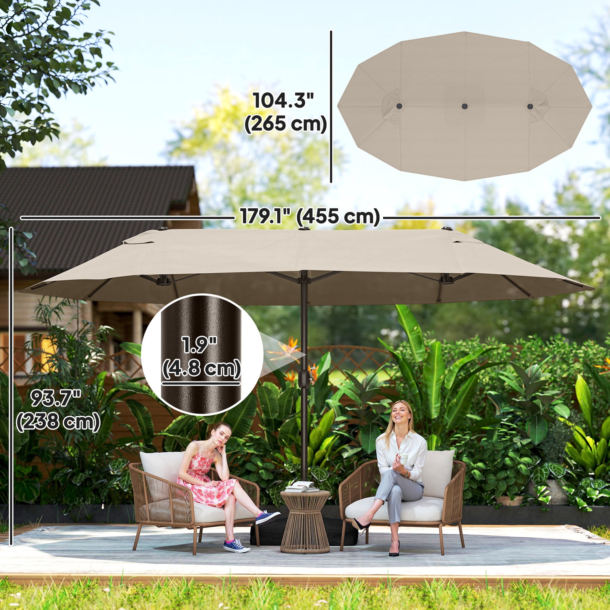 15' Outdoor Patio Umbrella with Twin Canopy Sunshade Steel Table Umbrella with Lift Crank, Cross base, Sandbag, Khaki