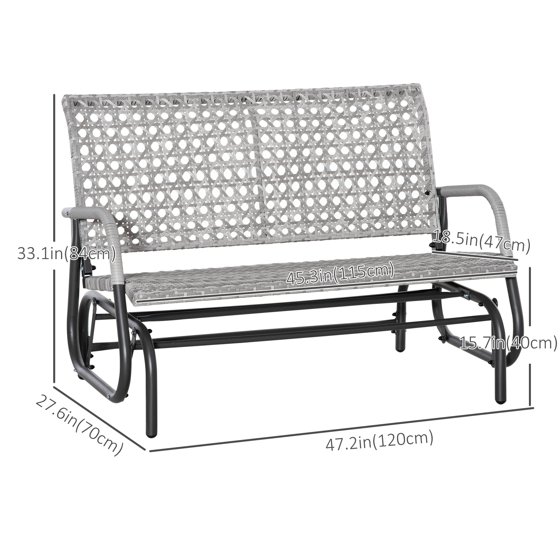 2 Seater Wicker Outdoor Glider Bench, Patio Swing Garden Bench, Garden Loveseat Rocking Chair, w/ Extra Wide Seat, Curved Backrest for Backyard, Poolside, Lawn, Mixed Grey