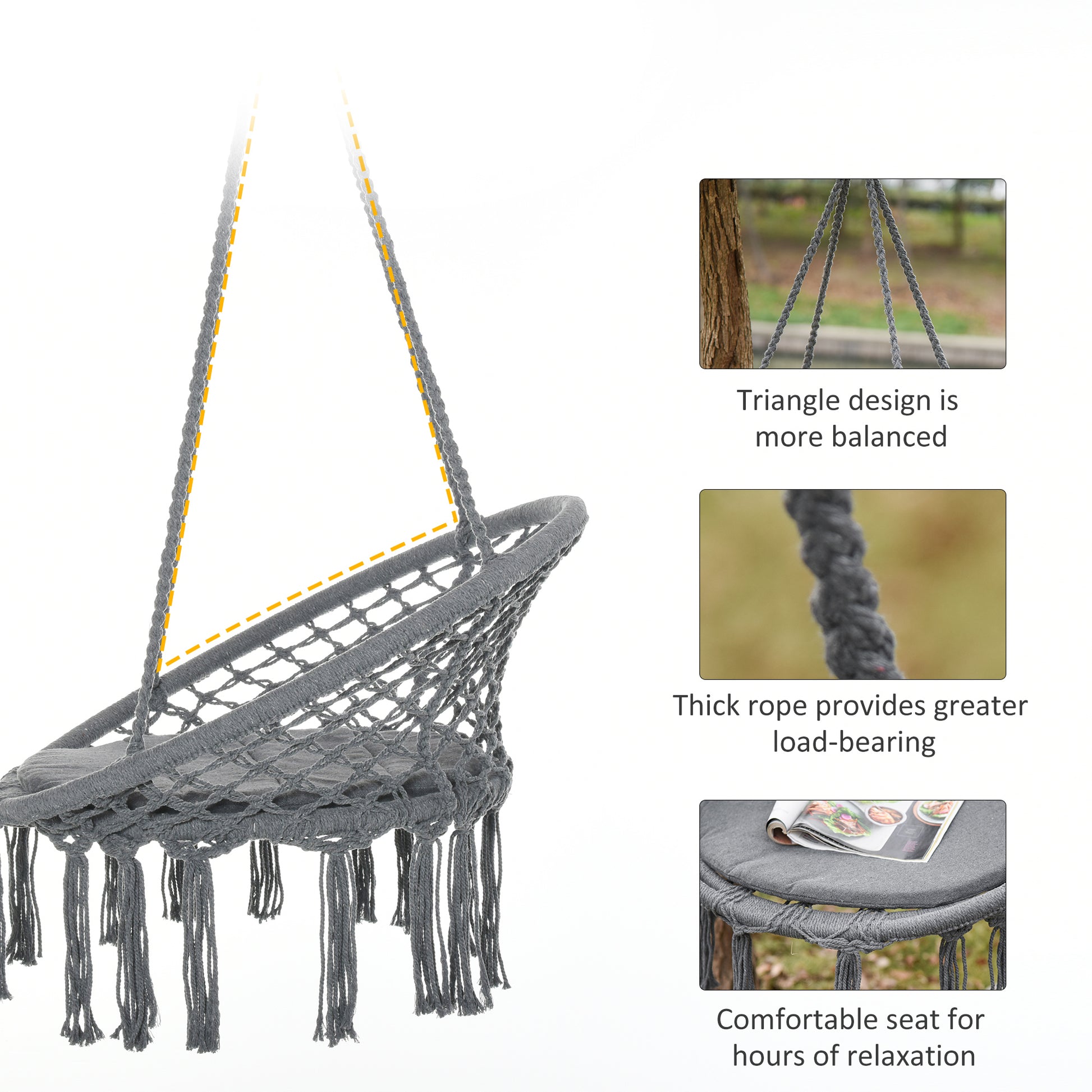Patio Hammock Chair, Hanging Rope Hammock Swing for Indoor & Outdoor Use with Backrest, Cotton-Polyester Blend, Fringe Tassels, Dark Grey