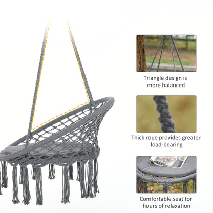 Patio Hammock Chair, Hanging Rope Hammock Swing for Indoor & Outdoor Use with Backrest, Cotton-Polyester Blend, Fringe Tassels, Dark Grey
