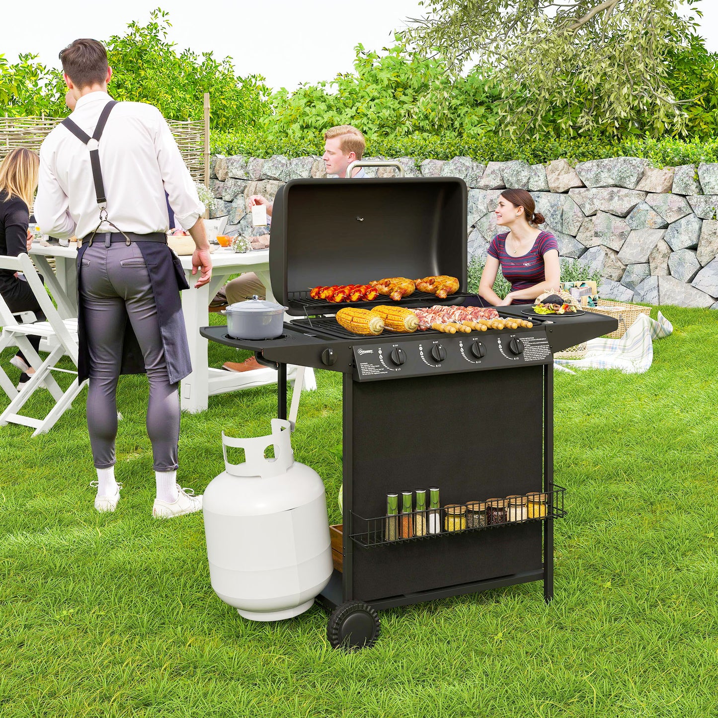 4+1 Burner Propane Gas BBQ Grill, Portable Gas Barbecue Grill with Side Burner, Thermometer, Lid, Side Table, Shelf, Spice Rack, Wheels, Grease Cup for Garden, Black