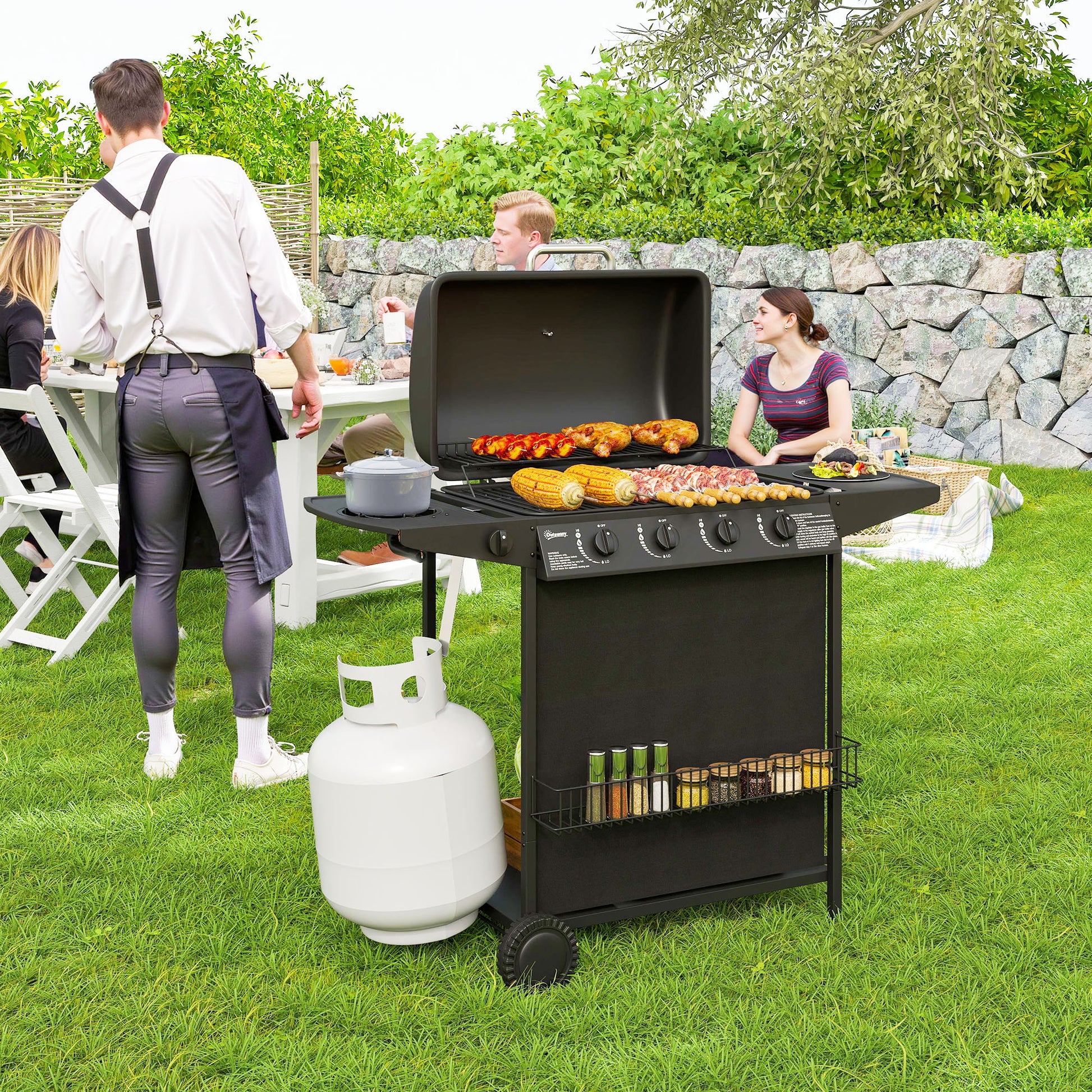 4+1 Burner Propane Gas BBQ Grill, Portable Gas Barbecue Grill with Side Burner, Thermometer, Lid, Side Table, Shelf, Spice Rack, Wheels, Grease Cup for Garden, Black