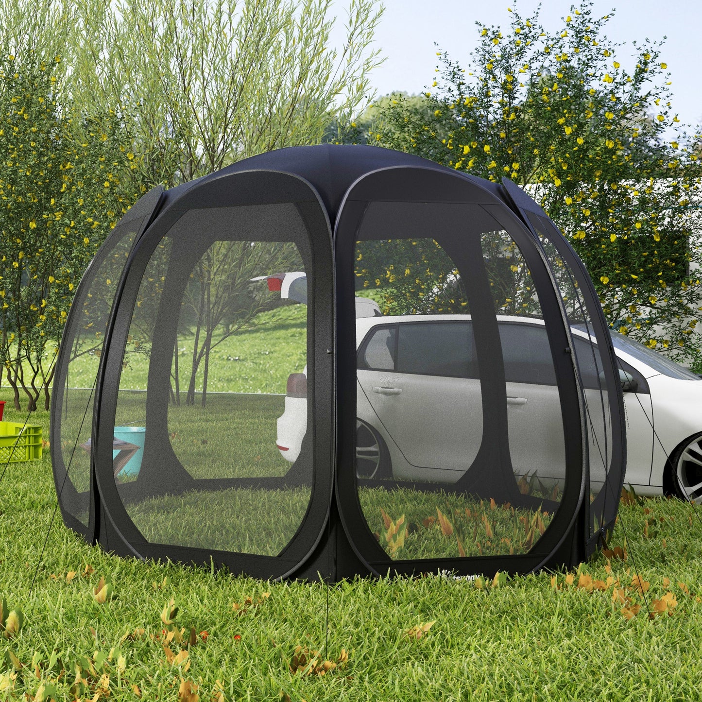 11' x 11.5' Screen Tent, Pop Up Camping Gazebo with Portable Carry Bag and 2 Doors, Black